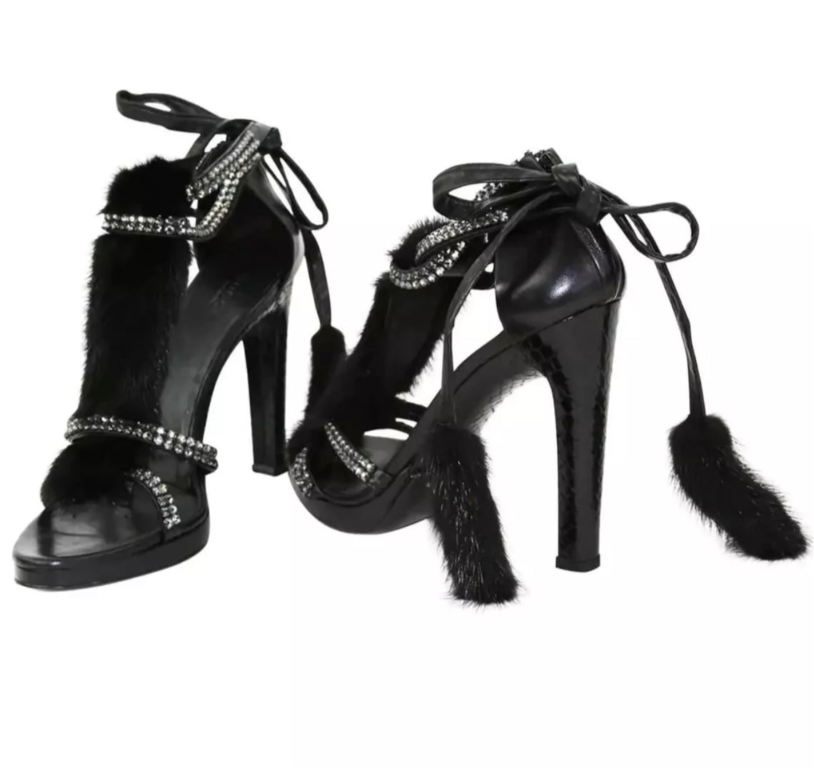 GUCCI by Tom Ford Black Mink Leather Sandals